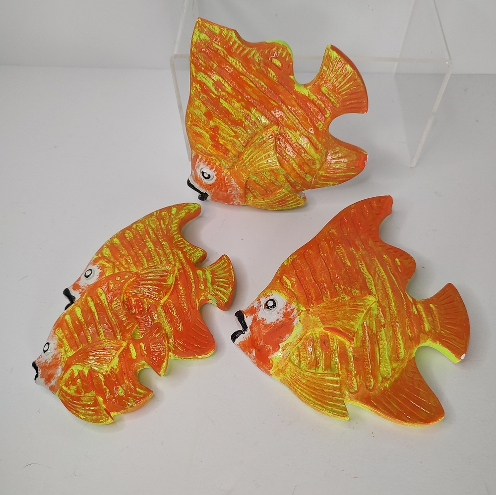 Vintage Orange Fish Chalkware Repainted Set Of 3 Wall Decor